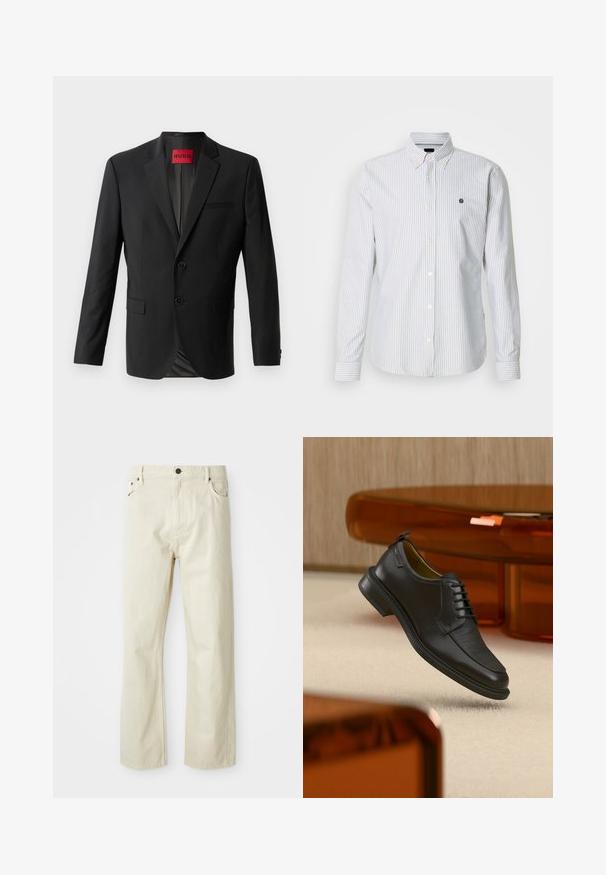 Sort blazer lavet af glat stof, med to frontknapper, spidse klapper og en enkelt brystlomme. Etiket synlig inde i kraven.; Skjorte med knapper, tynde blå og hvide striber, lange ærmer og en lille logo på brystet, lavet af et letvægtsstof.; Beige bomuldsjeans med lige ben, fem lommer, knaplukning og synlige sømdetaljer. Glat tekstur med et afslappet design.; Sort lædersko med snørebånd og tekstureret front, svævende over beige tæppe i et moderne rum med møbler i ravfarvet toning.