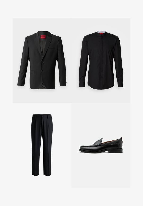 Zwarte blazer gemaakt van gladde stof, met twee knopen aan de voorkant, inspringende revers en een enkele borstzak. Label zichtbaar in de kraag.; Zwart shirt met lange mouwen en een mandarijnkraag, gemaakt van een gladde stof, met een knoopsluiting aan de voorkant en subtiele designdetails.; Zwarte broek van gladde stof, met een rechte pijpdesign, plooien aan de voorkant en een knoopsluiting met riemlussen.; Zwarte leren herensloffen met moc toe stiksel, pennyriem, gestructureerde kraag en lage gestapelde hak op witte achtergrond.