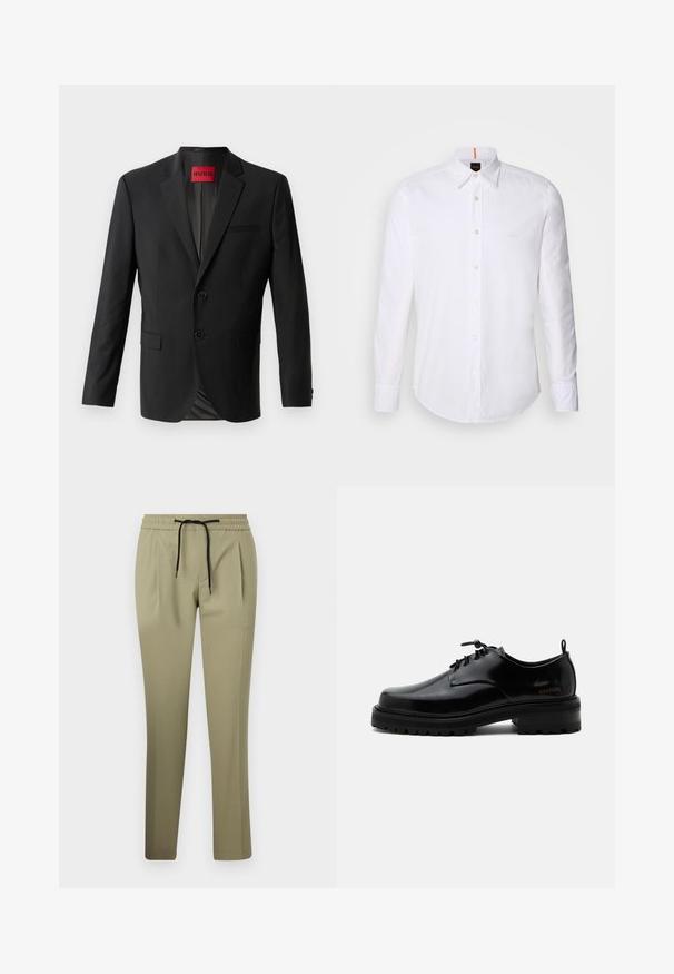 Sort blazer lavet af glat stof, med to frontknapper, spidse klapper og en enkelt brystlomme. Etiket synlig inde i kraven.; Hvid langærmet skjorte med knaplukning lavet af bomuld, med en klassisk krave, subtilt logo nær brystet og hvide knapper.; Khaki bukser i en glat stofkvalitet med en afslappet pasform, der har en elastisk talje og snøre. Lige ben med sidelæg.; Sort poleret læder snørestøvle med tyk gummisål og lav hæl, sideskilt med mærketekst "SAMSOE" og bageste træksnor.