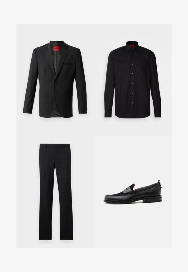 Zwarte blazer gemaakt van gladde stof, met twee knopen aan de voorkant, inspringende revers en een enkele borstzak. Label zichtbaar in de kraag.; Zwarte longsleeve shirt van gladde stof, met een klassieke kraag, knoopsluiting aan de voorkant en een getailleerde pasvorm.; Zwarte op maat gemaakte pantalon met een recht model, scherpe plooien en een gladde afwerking. Gemaakt van lichtgewicht stof met een strakke tailleband.; Zwarte leren loafer met grijs riemdetailelement, lage hak en gestructureerde zool, aan de zijkant gebrandmerkt met "HUGO" in goud.