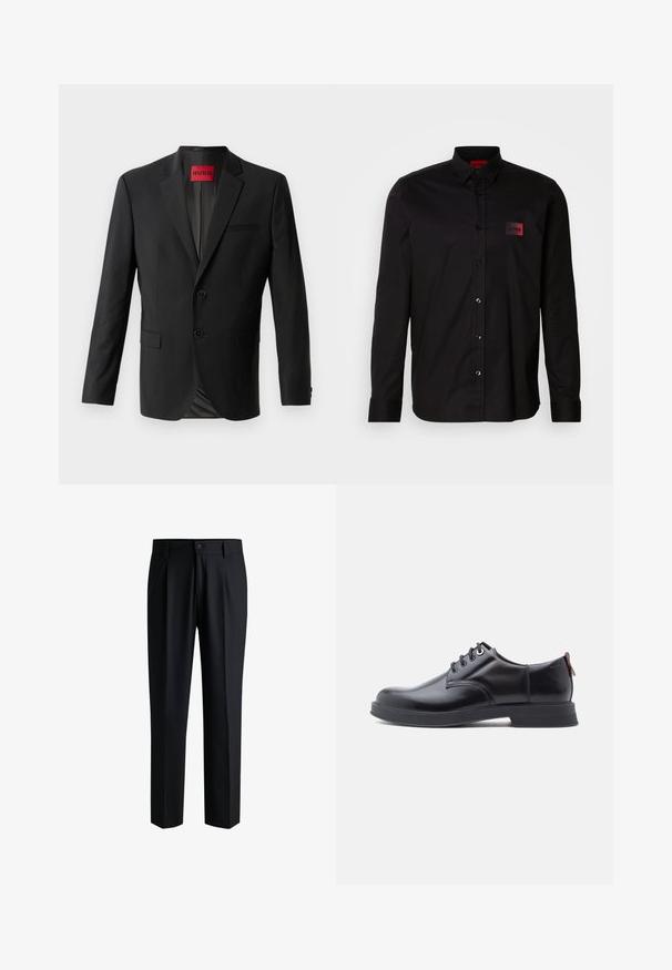 Blazer negro hecho de tela suave, con dos botones frontales, solapas con muesca y un bolsillo en el pecho. Etiqueta visible en el interior del cuello.; Camisa negra de manga larga hecha de tela suave, con cierre de botones, cuello clásico y un pequeño parche de marca en rojo en el pecho.; Pantalones negros de tela suave, con un diseño de pierna recta, pliegues en la parte delantera y cierre de botón con trabillas para cinturón.; Zapatos de piel negra con cordones, textura lisa, puntera redondeada y detalles sutiles de costura. Cuentan con una lengüeta roja en el talón.