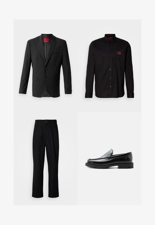Zwarte blazer gemaakt van gladde stof, met twee knopen aan de voorkant, inspringende revers en een enkele borstzak. Label zichtbaar in de kraag.; Zwart shirt met lange mouwen van gladde stof, voorzien van een knoopsluiting, een klassieke kraag en een klein rood merklabel op de borst.; Zwarte rechte broek met een knoopsluiting, lusjes voor een riem en een voornaad, gepresenteerd tegen een effen witte achtergrond.; Zwarte leren loafer met dikke rubberen zool, gestikte bovenkant en gegraveerde merknaam op de hiel, zijaanzicht op witte achtergrond.