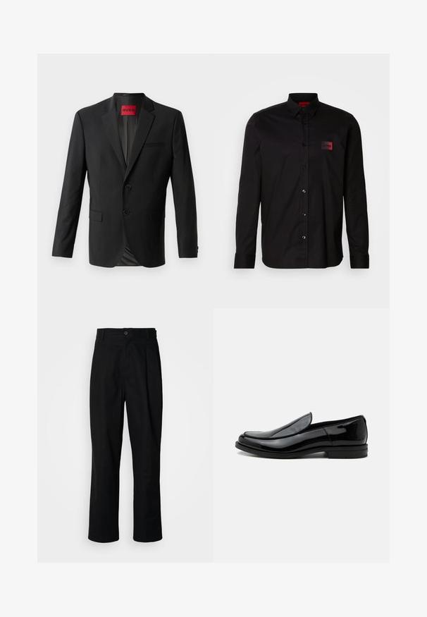 Zwarte blazer gemaakt van gladde stof, met twee knopen aan de voorkant, inspringende revers en een enkele borstzak. Label zichtbaar in de kraag.; Zwart shirt met lange mouwen van gladde stof, voorzien van een knoopsluiting, een klassieke kraag en een klein rood merklabel op de borst.; Zwarte rechte broek met een knoopsluiting, lusjes voor een riem en een voornaad, gepresenteerd tegen een effen witte achtergrond.; Zwarte glanzende leren instapschoenen met lage hak en afgeronde neus, zijaanzicht op een witte achtergrond.
