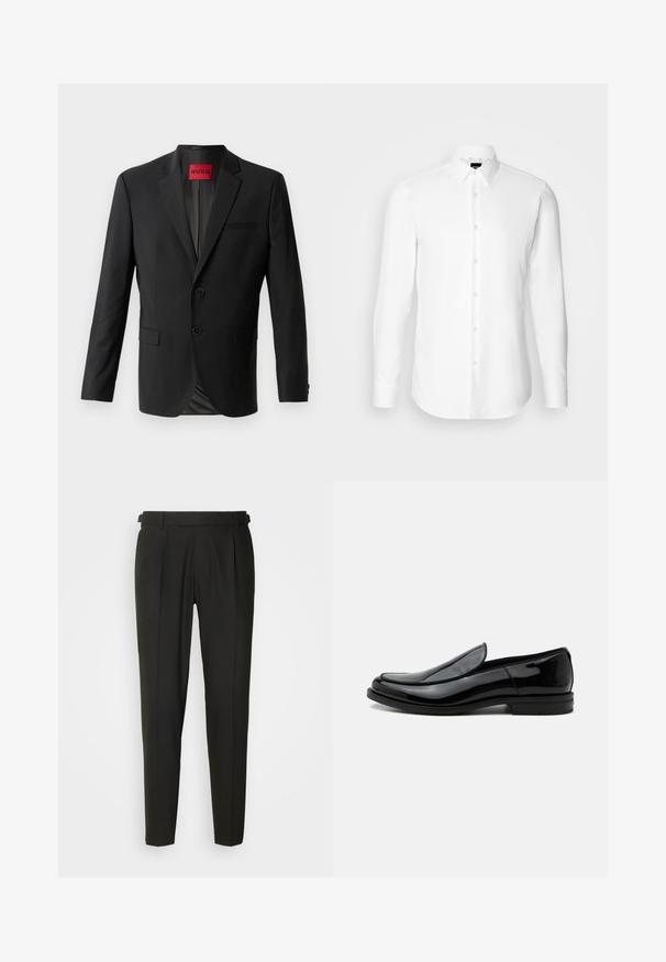 Blazer negro hecho de tela suave, con dos botones frontales, solapas con muesca y un bolsillo en el pecho. Etiqueta visible en el interior del cuello.; Camisa blanca de manga larga, con cierre de botones en el frente, cuello clásico, confeccionada con una tela suave con una textura sutil, diseñada para un ajuste entallado.; Pantalones negros ajustados con frontales lisos, dos pliegues, trabillas para cinturón y diseño de pierna recta. Fabricados con una tela suave y ligera.; Zapato de vestir negro de piel brillante tipo slip-on con tacón bajo y punta redondeada, visto de lado sobre un fondo blanco liso.