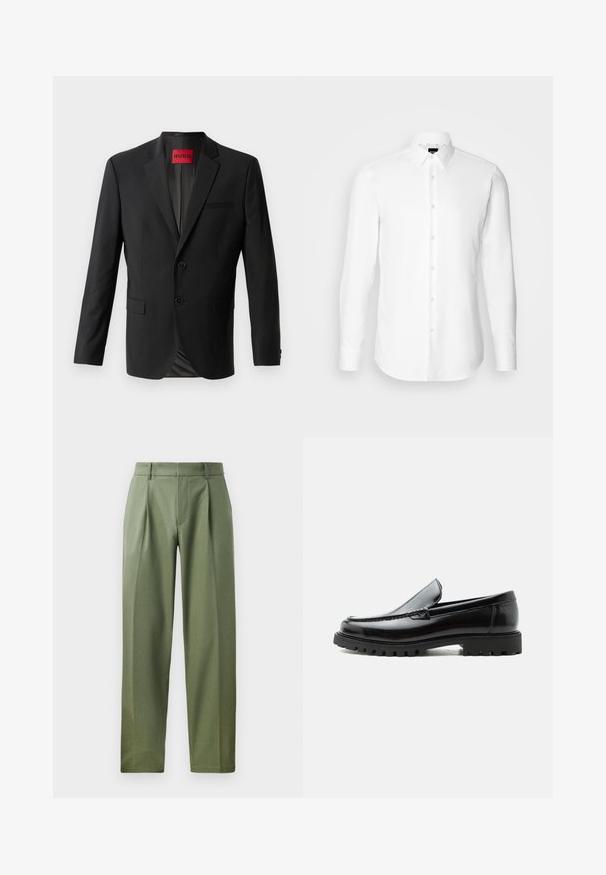 Zwarte blazer gemaakt van gladde stof, met twee knopen aan de voorkant, inspringende revers en een enkele borstzak. Label zichtbaar in de kraag.; Witte blouse met lange mouwen, knoopsluiting aan de voorkant, klassieke kraag, gemaakt van gladde stof met een subtiele textuur, ontworpen voor een aansluitende pasvorm.; Aangepaste broeken van olijfgroen stof met een gladde textuur, voorzien van twee voorplooien, riemlussen en een rechte broekleg.; Zwarte leren loafer met dikke rubberen zool, gestikte bovenkant en gegraveerde merknaam op de hiel, zijaanzicht op witte achtergrond.