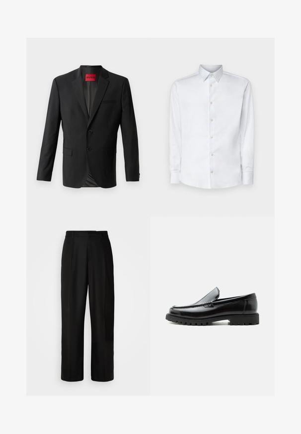 Blazer negro hecho de tela suave, con dos botones frontales, solapas con muesca y un bolsillo en el pecho. Etiqueta visible en el interior del cuello.; Camisa blanca de manga larga hecha de tela suave, con un cuello clásico, tapeta de botones y puños con botones, presentada sobre un fondo liso.; Pantalones negros con corte recto, textura suave, pliegues frontales y cintura estándar. Diseño minimalista sin patrones adicionales.; Mocasín de cuero negro con suela de goma gruesa, empeine cosido y nombre de la marca en relieve en el talón, mostrado en perfil lateral sobre fondo blanco.