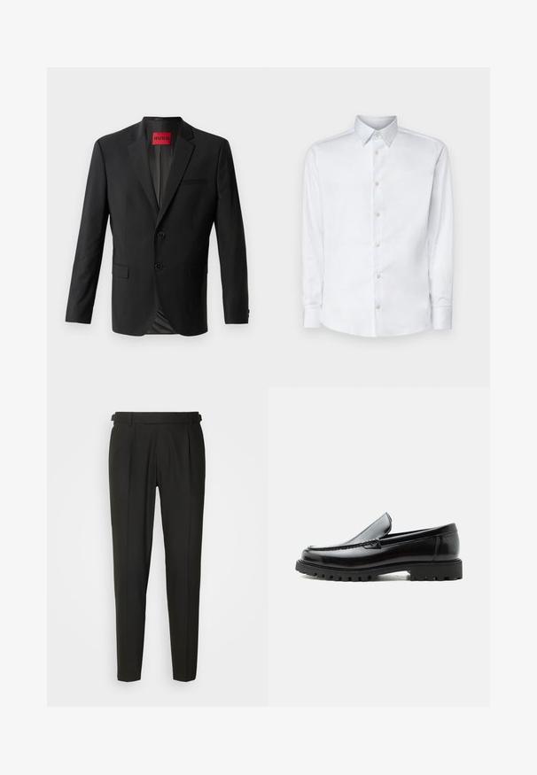Schwarzer Blazer aus glattem Stoff, mit zwei vorderen Knöpfen, eingeklappten Revers und einer einzelnen Brusttasche. Etikett innen im Kragen sichtbar.; Weißes Langarmhemd aus glattem Stoff, mit klassischem Kragen, Knopfleiste und Manschetten mit Knöpfen, vor einem einfarbigen Hintergrund präsentiert.; Schwarze maßgeschneiderte Hose mit flacher Vorderseite, zwei Falten, Gürtelschlaufen und geradem Bein. Hergestellt aus glattem, leichtem Stoff.; Schwarzer Lederloafer mit grober Gummisohle, genähter Oberseite und geprägtem Markennamen an der Ferse, seitlich auf weißem Hintergrund gezeigt.