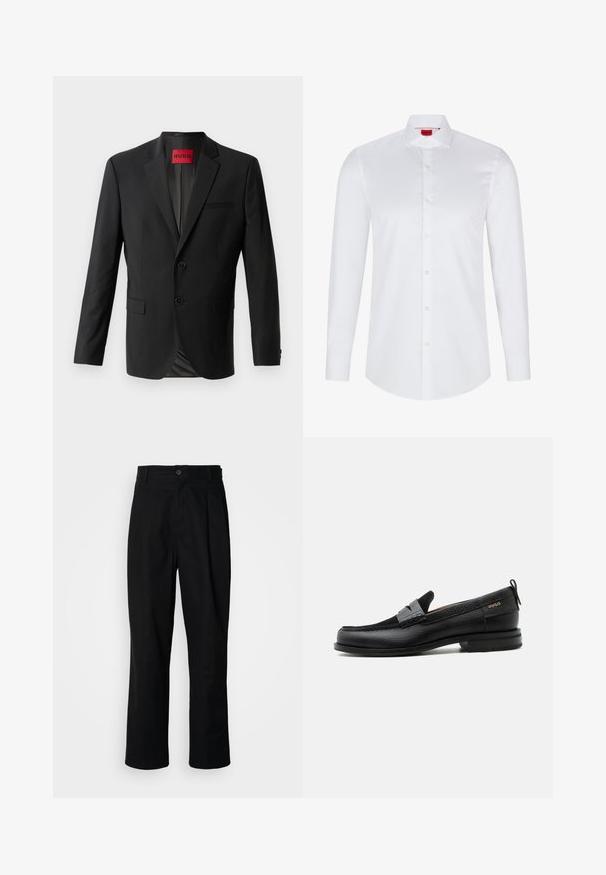 Blazer negro hecho de tela suave, con dos botones frontales, solapas con muesca y un bolsillo en el pecho. Etiqueta visible en el interior del cuello.; Camisa blanca de manga larga con botones, hecha de algodón suave. Presenta un cuello clásico, una botonera completa y un dobladillo redondeado.; Pantalones rectos negros con cintura con botones, trabillas para cinturón y pliegue frontal, exhibidos sobre un fondo blanco liso.; Mocasín de cuero negro con detalle de tira gris, tacón bajo y suela texturizada, con la marca "HUGO" en oro en el lateral.