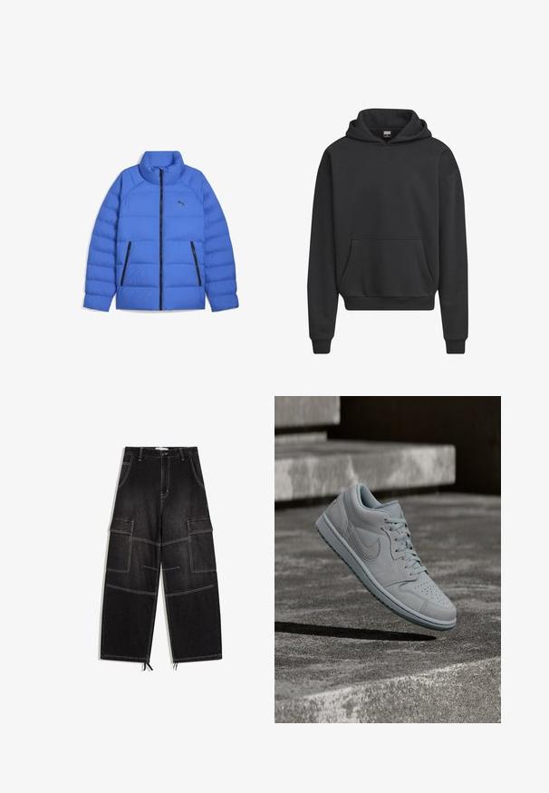 Blaues Daunenjacke mit Stehkragen, schwarzem Reißverschluss, seitlichen Reißverschlusstaschen und Puma-Logo auf der linken Brust.; Schwarzer Hoodie mit Kapuze, weitem Schnitt, langen Ärmeln, Kängurutasche sowie gerippten Bündchen und Saum. Hergestellt aus weichem, strukturiertem Stoff.; Schwarze Cargo-Hose mit weitem Bein, großen Seitentaschen, kontrastierenden Nähten, Gürtelschlaufen und Kordelzügen an den Säumen.; Hellgrauer Nike-Sneaker schwebt über groben Betontreppen, mit Schatten, die seine Konturen und Textur hervorheben.