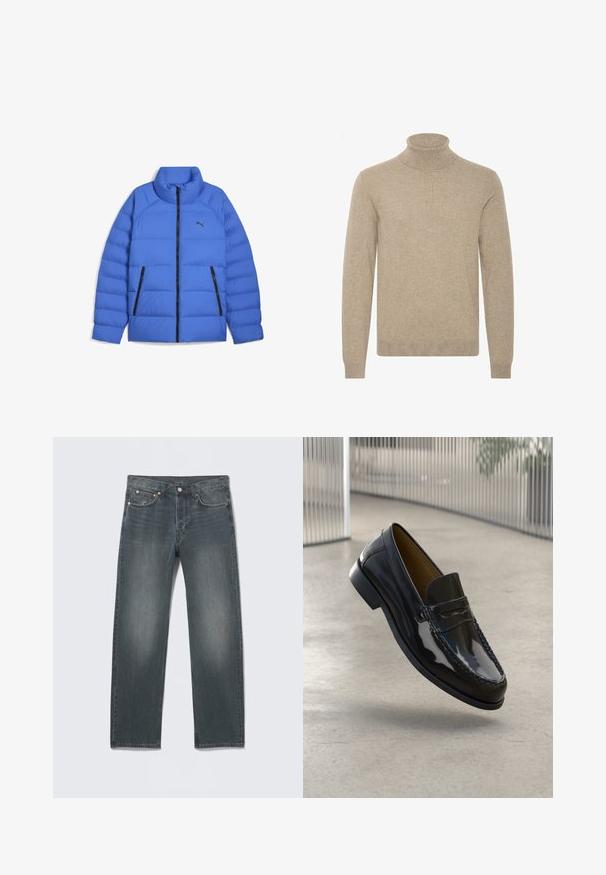Blå pufferjakke med ståkrave, sort lynlås, sidelommer med lynlås og Puma-logo på venstre bryst.; Beige turtleneck sweater lavet af blødt, struktureret strikmateriale. Har lange ærmer og en tætsiddende, høj halsdesign.; Mørkegrå denimjeans med lige ben, forlommer, bæltestropper, knaplukning og diskrete falmede detaljer.; Sorte patentlæder loafer med en syet detalje, rund tå, lav hæl og glat overflade, præsenteret mod en neutral baggrund.