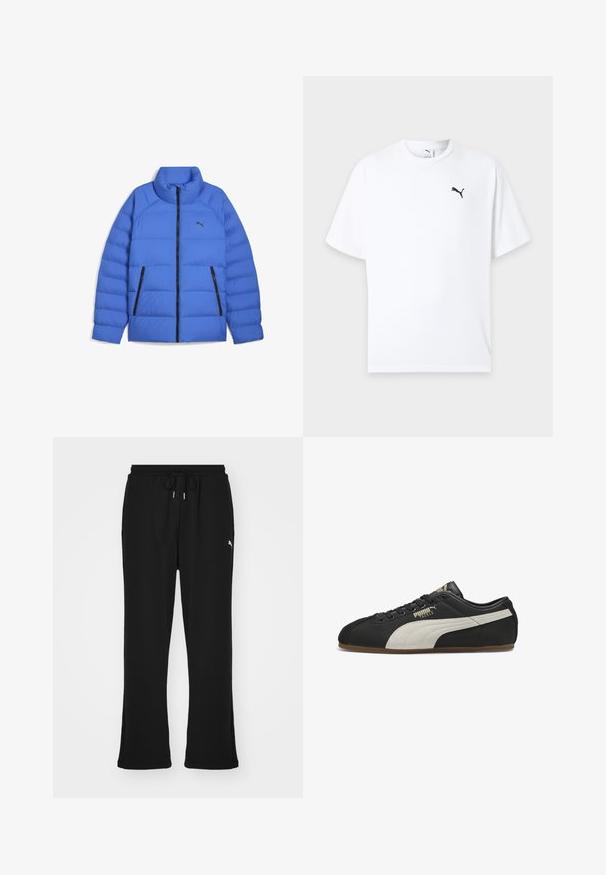 Blauwe pufferjack met opstaande kraag, zwarte ritssluiting, zijzakken met rits en Puma-logo op de linkerborst.; Witte T-shirt met korte mouwen en ronde hals met een klein zwart Puma-logo op de linkerborst tegen een lichte achtergrond.; Zwarte sweatpants met elastische tailleband en trekkoord, voorzien van zijzakken en een subtiele logo op het linkerpand. Zacht materiaal, uitlopende pasvorm.; Zwarte lage Puma sneaker met beige zijstreep, zwarte veters en een gumzool, linksbuiten aanzicht met "Puma Tackle" branding.