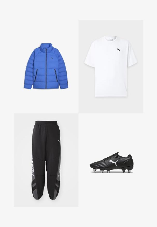 Doudoune bleue avec col montant, fermeture éclair noire, poches zippées sur les côtés et logo Puma sur la poitrine gauche.; T-shirt blanc à manches courtes col rond avec un petit logo Puma noir sur la poitrine gauche sur un fond clair.; Pantalons de jogging noirs en matériau doux. Comprend une taille élastique, des jambes fuselées, des accents gris et des logos blancs sur les côtés.; Bottes de football noires avec un matériau texturé, logo Puma blanc, fermeture à lacets et crampons en métal pour l'adhérence. Le design met l'accent sur la performance et le soutien.