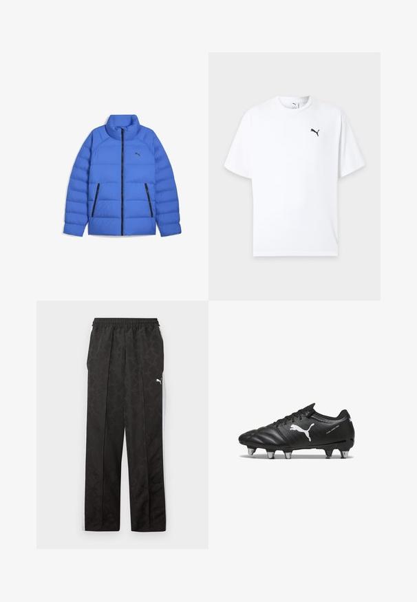 Blauwe pufferjack met opstaande kraag, zwarte ritssluiting, zijzakken met rits en Puma-logo op de linkerborst.; Witte T-shirt met korte mouwen en ronde hals met een klein zwart Puma-logo op de linkerborst tegen een lichte achtergrond.; Zwarte sportbroek met subtiel patroon, witte zijstrepen, elastische tailleband en een wit Puma-logo op de bovenkant van de dij.; Zwarte voetbalschoenen van gestructureerd materiaal, met een wit Puma-logo, vetersluiting en metalen noppen voor grip. Het ontwerp benadrukt prestaties en ondersteuning.