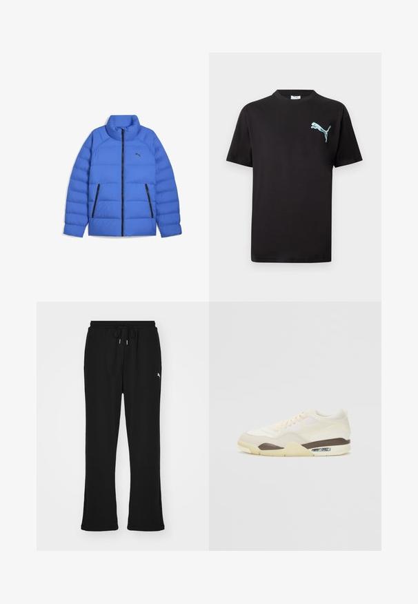 Blaues Daunenjacke mit Stehkragen, schwarzem Reißverschluss, seitlichen Reißverschlusstaschen und Puma-Logo auf der linken Brust.; Schwarzes kurzärmliges T-Shirt mit kleinem hellblauem Puma-Logo auf der linken Brust vor weißem Hintergrund.; Schwarze Jogginghosen mit elastischem Bund und Kordelzug, ausgestattet mit Seitentaschen und einem dezenten Logo am linken Bein. Weicher Stoff, schmal zulaufende Form.; Schuh mit einem cremefarbenen Obermaterial aus Mesh und glatten Texturen, einem braunen Akzent, einer hellgelben Sohle und sichtbarer Luftpolsterung in der Ferse.