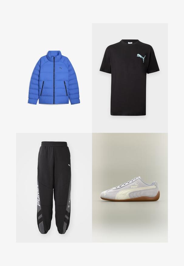 Blaues Daunenjacke mit Stehkragen, schwarzem Reißverschluss, seitlichen Reißverschlusstaschen und Puma-Logo auf der linken Brust.; Schwarzes kurzärmliges T-Shirt mit kleinem hellblauem Puma-Logo auf der linken Brust vor weißem Hintergrund.; Schwarze Jogginghosen aus weichem Material. Mit elastischem Bund, schmal zulaufenden Beinen, grauen Akzenten und weißen Logos an den Seiten.; Hellgrauer Puma Veloursledersneaker mit weißem Streifendetail und Gummisohle, von der Außenseite vor neutralem Hintergrund betrachtet.