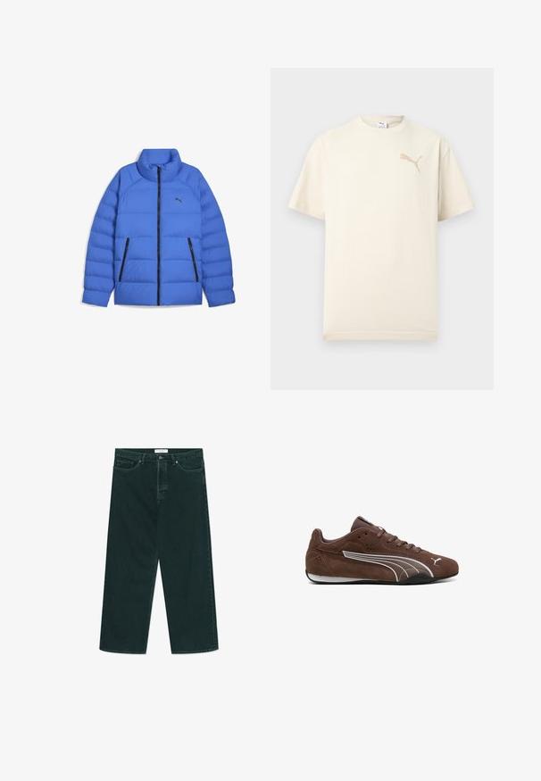 Blå pufferjakke med ståkrave, sort lynlås, sidelommer med lynlås og Puma-logo på venstre bryst.; Kortærmet cremefarvet t-shirt med beige Puma-logo på øverste venstre bryst og rund halsudskæring, vist på ensfarvet lys baggrund.; Mørkegrønne vidde denimjeans med knap- og lynlås lukning, forlommer og bæltestropper, liggende fladt på en hvid baggrund.; Brun ruskind lav-sko med hvide buede designstriber, snørebånd og et Puma-logo på tåen og hælen, sidevisning mod hvid baggrund.