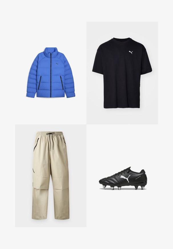 Blå pufferjakke med ståkrave, sort lynlås, sidelommer med lynlås og Puma-logo på venstre bryst.; Sort bomulds T-shirt med korte ærmer, rund halsudskæring og et hvidt Puma-logo på den øverste venstre bryst. Klassisk pasform, glat tekstur.; Beige letvægtsbukser med elastisk taljebånd, sort snøre og lynlåslommer i siderne, vist forfra på ensfarvet baggrund.; Sorte fodboldstøvler med tekstureret materiale, hvidt Puma-logo, snørebåndslukning og metalstifter for godt greb. Designet understreger ydeevne og støtte.