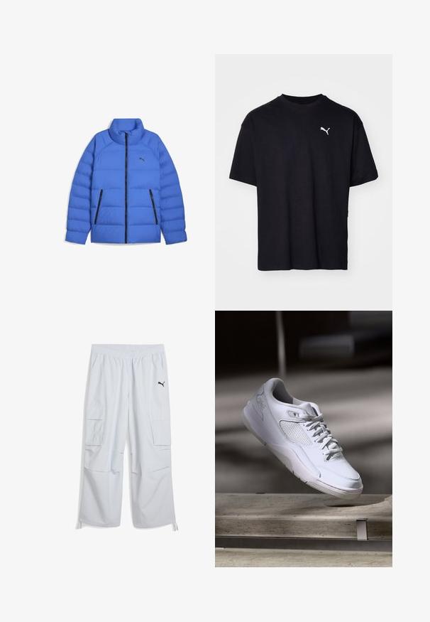 Blauwe pufferjack met opstaande kraag, zwarte ritssluiting, zijzakken met rits en Puma-logo op de linkerborst.; Zwarte katoenen t-shirt met korte mouwen, ronde halslijn en een wit Puma-logo op de bovenste linkerborst. Klassieke pasvorm, soepele textuur.; Lichtgrijze cargobroek met een elastische tailleband, twee zijzakken en een zwart logo op het linkerbeen; gemaakt van een lichtgewicht stof.; Witte sportsneaker met veters hangt boven een betonnen bank in een slecht verlichte binnenomgeving.