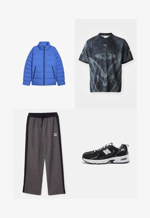Blaues Daunenjacke mit Stehkragen, schwarzem Reißverschluss, seitlichen Reißverschlusstaschen und Puma-Logo auf der linken Brust.; Kurzärmliges schwarzes und graues Sporttrikot mit einem stammesähnlichen Muster und einem kleinen weißen Puma-Logo auf der Vorderseite.; Puma RELAXED TRACK PANTS - Jogginghose - black/alpine snow; Schwarze und graue Sportschuhe mit Obermaterial aus Mesh und Wildleder, ausgestattet mit einer weißen Zwischensohle, Schnürsenkeln und einem markanten "N"-Logo an der Seite.