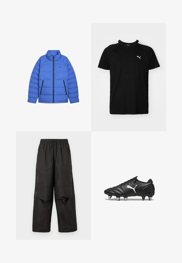 Blauwe pufferjack met opstaande kraag, zwarte ritssluiting, zijzakken met rits en Puma-logo op de linkerborst.; Zwarte t-shirt met korte mouwen, voorzien van witte accenten op de schouders, een ronde halslijn en een klein wit logo op de linkerborst. Zacht materiaal, klassieke pasvorm.; Zwarte losvallende broek met elastische tailleband, voorzakken met rits, kniepaneeltjes en subtiele reflecterende details aan de zijkanten.; Zwarte voetbalschoenen van gestructureerd materiaal, met een wit Puma-logo, vetersluiting en metalen noppen voor grip. Het ontwerp benadrukt prestaties en ondersteuning.
