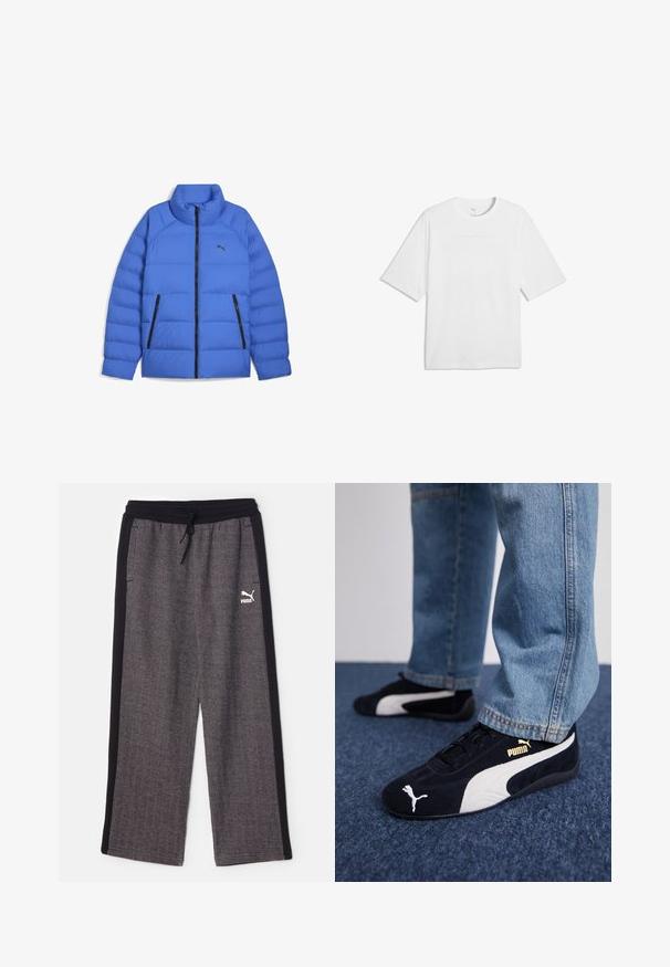 Blaues Daunenjacke mit Stehkragen, schwarzem Reißverschluss, seitlichen Reißverschlusstaschen und Puma-Logo auf der linken Brust.; Einfaches weißes Kurzarm-T-Shirt mit kleinem, dezentem Puma-Logo auf der Brust und rundem Halsausschnitt.; Puma RELAXED TRACK PANTS - Jogginghose - black/alpine snow; Schwarze Wildledersneaker mit weißen Akzenten und einem goldenen Logo. Getragen mit hellblauen Jeans und auf einer strukturierten blauen Oberfläche platziert.