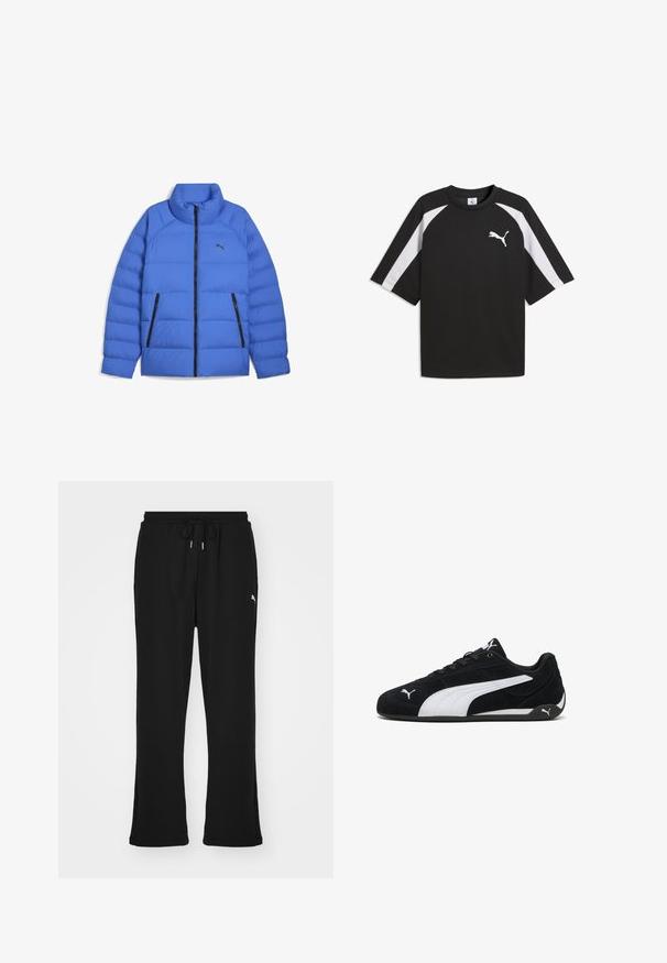 Blå pufferjakke med ståkrave, sort lynlås, sidelommer med lynlås og Puma-logo på venstre bryst.; Sort sportst-shirt med korte ærmer, hvide striber i siderne og en hvid Puma-logo på venstre bryst.; Sorte sweatpants med elastisk talje og snor, med sidelommer og et diskret logo på venstre ben. Blødt stof, flagrende form.; Sorte ruskinds sportsko med en hvid lateralstribe, hvide mærkeaccenter, flad sort sål og sorte snørebånd.