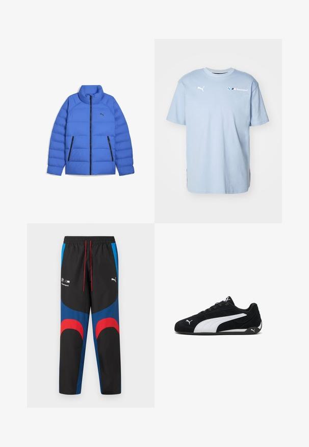 Blå pufferjakke med ståkrave, sort lynlås, sidelommer med lynlås og Puma-logo på venstre bryst.; Lyseblå bomulds t-shirt med korte ærmer, udstyret med et hvidt Puma-logo og BMW Motorsport branding foran. Regular fit design.; Sorte, blå og røde BMW Motorsport Puma træningsbukser med elastisk taljebånd, røde snore og logoer på øvre lår.; Sorte ruskinds sportsko med en hvid lateralstribe, hvide mærkeaccenter, flad sort sål og sorte snørebånd.