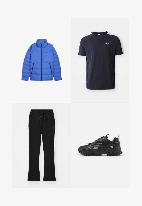 Blå pufferjakke med ståkrave, sort lynlås, sidelommer med lynlås og Puma-logo på venstre bryst.; Mørkeblå kortærmet t-shirt i letvægtsbomuld med hvide raglanærmer og et lille hvidt Puma-logo på brystet.; Sorte sweatpants med elastisk talje og snor, med sidelommer og et diskret logo på venstre ben. Blødt stof, flagrende form.; Sort sneaker med en overdel i mesh og syntetisk materiale, gummisål, afrundet tå og refleksdetaljer på siderne og snørebåndene.