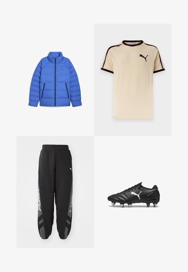 Blå pufferjakke med ståkrave, sort lynlås, sidelommer med lynlås og Puma-logo på venstre bryst.; Beige kortærmet Puma t-shirt med mørkebrun kant på ærmer og hals, og Puma-logo på venstre bryst.; Sorte joggebukser lavet af blødt materiale. Har elastisk talje, tapered ben, grå detaljer og hvide logoer på siderne.; Sorte fodboldstøvler med tekstureret materiale, hvidt Puma-logo, snørebåndslukning og metalstifter for godt greb. Designet understreger ydeevne og støtte.
