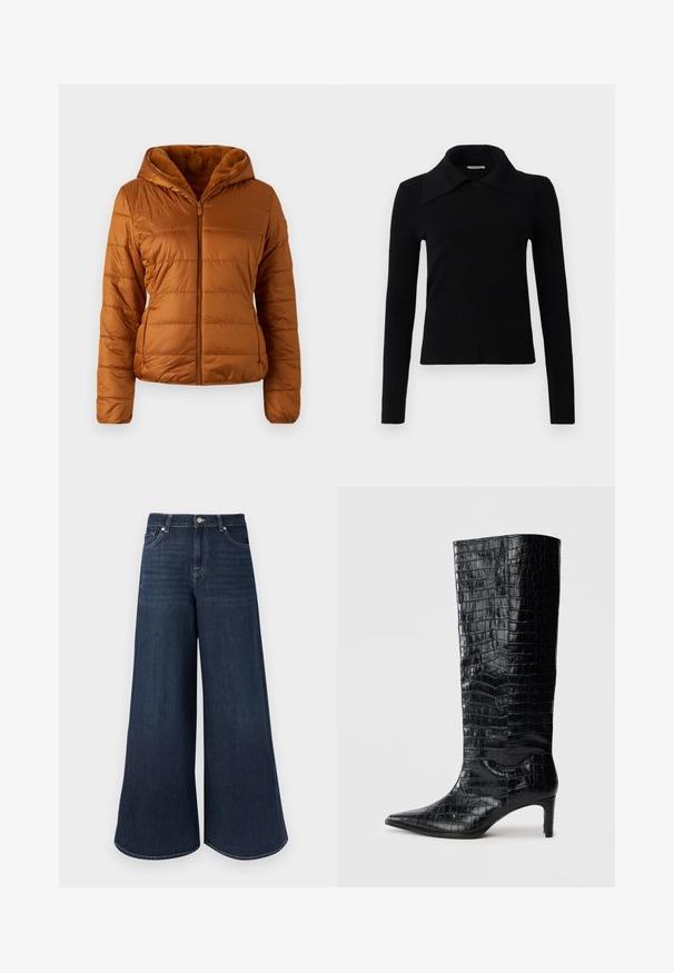 Veste matelassée en marron chaud, avec fermeture éclair sur le devant, capuche et doublure en doux faux-fur. Tissu texturé avec des poches latérales discrètes.; Top noir à manches longues en tissu doux, avec un grand col pointu et une coupe ajustée. Texture lisse avec peu de détails.; Jean en denim foncé à jambes larges avec une taille haute, présentant des détails cousus, une fermeture à boutons et un design classique à cinq poches.; Bottes noires montantes, avec une texture brillante à motif crocodile, bout pointu et talon effilé. Matériau synthétique lisse.