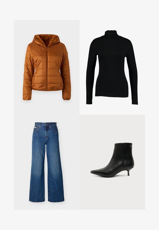 Veste matelassée en marron chaud, avec fermeture éclair sur le devant, capuche et doublure en doux faux-fur. Tissu texturé avec des poches latérales discrètes.; T-shirt noir à manches longues et col roulé en tissu lisse, avec une coupe ajustée et un col haut, idéal pour les superpositions ou à porter seul.; Jeans en denim bleu à jambes larges avec taille haute, bouton frontal, fermeture éclair et design à cinq poches sur un fond uni.; Bottine en cuir noir avec bout pointu et petit talon kitten sur fond clair, vue côté extérieur.