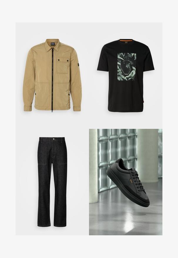 Beige, leichte Jacke mit einer zerknitterten Textur, einem Frontreißverschluss, einer geknöpften Brusttasche und Seitentaschen. Besitzt ein Kragen-Design.; Schwarzes Baumwoll-T-Shirt mit einem zentralen Motiv eines Panthers, umgeben von Blättern, mit einem Kettenkragen und dem Text "BOSS". Kurze Ärmel.; Schwarze Jeans mit geradem Bein, sichtbaren Nähten und einem Frontknopfverschluss. Enthält zwei Seitentaschen und zwei Gesäßtaschen.; Schwarzer Leder-Sneaker im Low-Top-Stil mit schwarzen Schnürsenkeln und goldenem "BOSS"-Logo, in der Luft vor einer Glasbausteinwand und grauem Boden gezeigt.