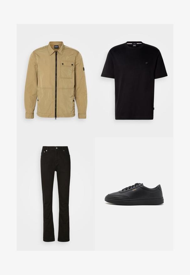 Beige, leichte Jacke mit einer zerknitterten Textur, einem Frontreißverschluss, einer geknöpften Brusttasche und Seitentaschen. Besitzt ein Kragen-Design.; Schwarzes Baumwoll-T-Shirt mit Rundhalsausschnitt, kurzen Ärmeln und kleinem Logo auf der linken Seite. Einfaches Design und glatte Textur.; Schwarze Jeans aus Denim mit geradem Bein, ausgestattet mit vorderen Taschen, einem Reißverschluss und silbernen Hardware-Details. Glatte Textur, ohne Muster.; Schwarze Leder-Sneaker mit glatter Textur, runder Zehenpartie, flacher Gummisohle und einfarbigen Schnürsenkeln. Mit goldfarbenem "BOSS" Logo an der Seite.