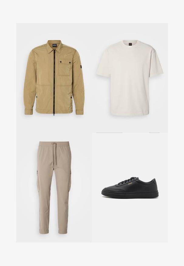 Veste beige légère au texture froissée avec une fermeture éclair sur le devant, poche poitrine boutonnée et poches latérales. Présente un design avec col.; T-shirt à manches courtes et col rond en coton blanc cassé, présentant une coupe droite et un marquage minimal sur le col. Texture douce, sans motifs.; Pantalons cargo beiges avec une taille élastique et un cordon de serrage. Comprend des poches latérales et un design de jambe fuselée, fabriqués en tissu léger.; Baskets en cuir noir avec une texture lisse, bout rond, semelle en caoutchouc plate et lacets ton sur ton. Présente une marque "BOSS" dorée sur le côté.