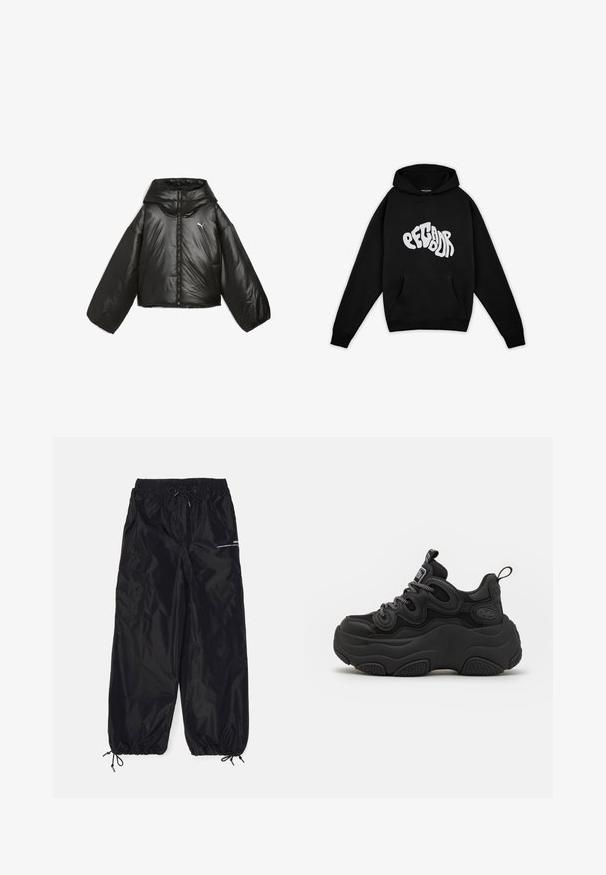 Schwarze Pufferjacke mit glänzender Oberfläche, übergroßer Kapuze, langen Ärmeln, Frontreißverschluss und kleinem Logo auf der Brust.; Pegador PALUMA OVERSIZED HOODIE - Sweatshirt - black; Schwarze Cargo-Hosen aus glänzendem Nylon mit elastischem Bund, verstellbarem Kordelzug, Seitentaschen und elastischen Bundabschlüssen.; Schwarzer Sneaker mit chunky Design, featuring einem strukturierten Obermaterial, Mesh-Einsätzen und einer dicken Gummisohle. Reflexionsschnürsenkel und sichtbare Markendetails.