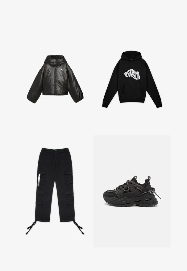 Sort pufferjakke med en blank finish, oversized hætte, lange ærmer, frontlynlås og et lille logo på brystet.; Pegador PALUMA OVERSIZED HOODIE - Sweatshirt - black; Pegador TANAMI WIDE PANTS - Cargobukser - black; Sorte atletiske sko med et struktureret stofoverdel, tyk gummisål og kontrasterende snørebånd. Har forstærket hæl og branding.