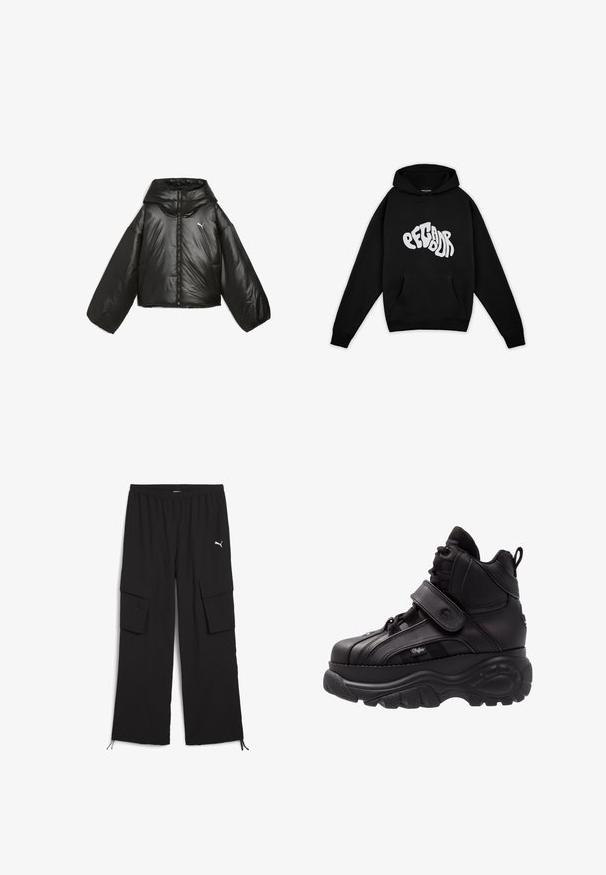 Zwarte pufferjack met een glanzende afwerking, oversized capuchon, lange mouwen, frontrits en een klein logo op de borst.; Pegador PALUMA OVERSIZED HOODIE - Sweater - black; Zwarte cargobroek met een wijd design, elastische tailleband, twee zijzakken en trekkoord bij de pijpen. Bevat een klein wit logo.; Zwarte hoge sneakers met een dikke rubberen zool, leren bovenwerk, veters en klittenbandsluitingen, en gedetailleerde zijkanten met textuur.