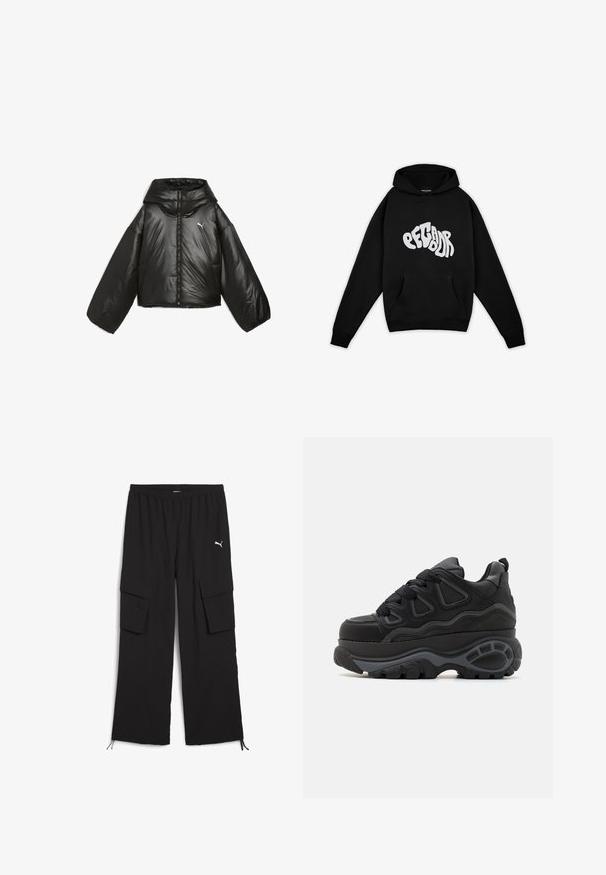 Musta puhvatua takki kiiltävällä pinnalla, ylipitkä huppu, pitkät hihat, vetoketju edessä ja pieni logo rinnassa.; Pegador PALUMA OVERSIZED HOODIE - Collegepaita - black; Mustat cargo-housut, joissa on leveä lahjamalli, joustava vyötärö, kaksi sivutaskua ja nauhalla kiristettävät lahkeet. Varustettu pienellä valkoisella logolla.; Buffalo Skeittikengät - black