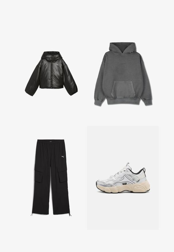 Schwarze Pufferjacke mit glänzender Oberfläche, übergroßer Kapuze, langen Ärmeln, Frontreißverschluss und kleinem Logo auf der Brust.; Pegador CLARITA LOGO OVERSIZED HOODIE - Kapuzenpullover - vintage grey grey gum; Schwarze Cargo-Hosen mit weitem Bein, elastischem Bund, zwei Seitentaschen und Kordelzugsäumen. Mit einem kleinen weißen Logo.; Weißer Sportschuh mit Mesh- und Synthetikpaneelen, silbernen Akzenten, klobiger cremiger Sohle und kontrastierenden schwarzen Details. Verfügt über ein Schnürsystem.