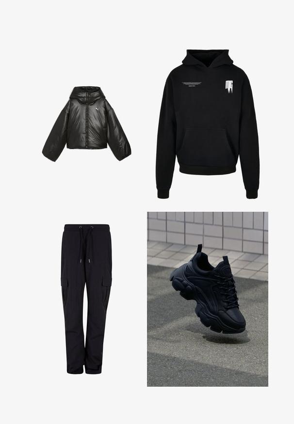 Chaqueta acolchada negra con un acabado brillante, capucha de gran tamaño, mangas largas, cremallera frontal y un pequeño logo en el pecho.; Sudadera negra con capucha con bolsillo delantero, texto pequeño en blanco en la parte superior izquierda del pecho y logotipo estilizado "MG" en la parte superior derecha del pecho.; Pantalones cargo negros de tejido suave, con cintura elástica y cordones, y bolsillos laterales. Diseño de pierna recta.; Zapatilla negra de cuero con un diseño robusto, que cuenta con una suela gruesa, paneles texturizados y cordones negros. Flotando sobre un pavimento gris.