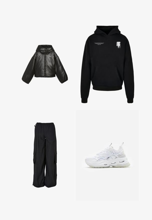 Sort pufferjakke med en blank finish, oversized hætte, lange ærmer, frontlynlås og et lille logo på brystet.; Sort hættetrøje med forlomme, lille hvid tekst på øverste venstre bryst og stiliseret "MG" logo på øverste højre bryst.; Svarte cargobukser med vidde ben, elastisk talje, sidelommer med klap og justerbare snore i talje og forneden.; Hvide sneakers med en kraftig sål, lagdelt mesh og syntetisk overdel, med mønstrede detaljer, snøresystem og hæl-dragtag.