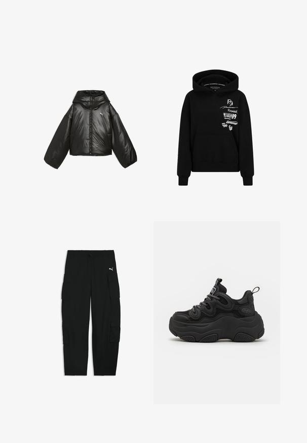 Zwarte pufferjack met een glanzende afwerking, oversized capuchon, lange mouwen, frontrits en een klein logo op de borst.; Zwarte hoodie met een voorzak, een trekkoordkap en meerdere witte logo-afdrukken op de borst en mouw. Zacht katoenen materiaal.; Zwarte cargobroek met elastische tailleband, trekkoord, zijflapzakken en een klein wit Puma-logo op de rechterdij.; Zwarte sneaker met een chunky ontwerp, voorzien van een gestructureerde bovenkant, mesh panelen en een dikke rubberen zool. Reflecterende veters en merkdetails zijn zichtbaar.