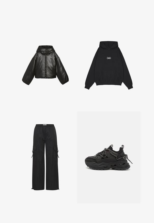 Sort pufferjakke med en blank finish, oversized hætte, lange ærmer, frontlynlås og et lille logo på brystet.; Pegador BELLY OVERSIZED HOODIE - Hættetrøje - washed black; Sorte cargo bukser lavet af letvægtsstof, med løs pasform, elastisk talje, sidelommer og justerbare manchetter.; Sorte atletiske sko med et struktureret stofoverdel, tyk gummisål og kontrasterende snørebånd. Har forstærket hæl og branding.