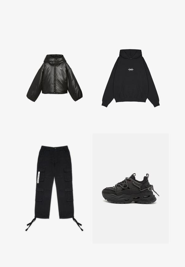 Sort pufferjakke med en blank finish, oversized hætte, lange ærmer, frontlynlås og et lille logo på brystet.; Pegador BELLY OVERSIZED HOODIE - Hættetrøje - washed black; Pegador TANAMI WIDE PANTS - Cargobukser - black; Sorte atletiske sko med et struktureret stofoverdel, tyk gummisål og kontrasterende snørebånd. Har forstærket hæl og branding.
