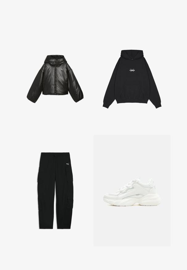 Zwarte pufferjack met een glanzende afwerking, oversized capuchon, lange mouwen, frontrits en een klein logo op de borst.; Pegador BELLY OVERSIZED HOODIE - Hoodie - washed black; Zwarte cargobroek met elastische tailleband, trekkoord, zijflapzakken en een klein wit Puma-logo op de rechterdij.; Witte chunky sneaker met dikke zool, veters aan de voorkant en een glad bovenwerk van synthetisch materiaal met subtiele stikdetails.