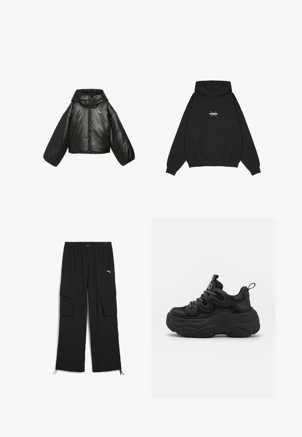 Chaqueta acolchada negra con un acabado brillante, capucha de gran tamaño, mangas largas, cremallera frontal y un pequeño logo en el pecho.; Pegador BELLY OVERSIZED HOODIE - Jersey con capucha - washed black; Pantalones cargo negros con un diseño de pierna ancha, cintura elástica, dos bolsillos laterales y dobladillos con cordón. Presenta un pequeño logo blanco.; Zapatilla negra con un diseño voluminoso, que presenta una parte superior texturizada, paneles de malla y una suela de goma gruesa. Cuerdas reflectantes y detalles de marca visibles.