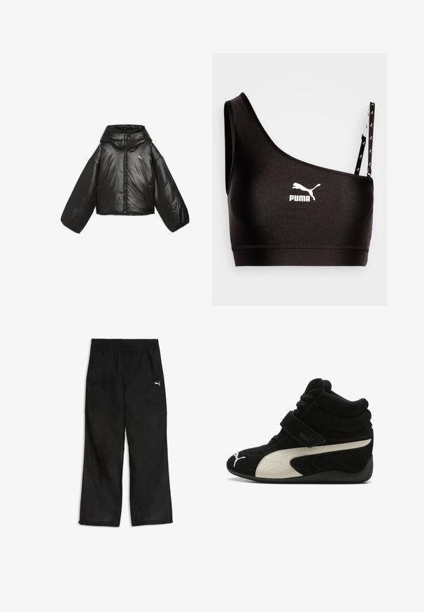 Zwarte pufferjack met een glanzende afwerking, oversized capuchon, lange mouwen, frontrits en een klein logo op de borst.; Zwart sportbh met één schouderband, voorzien van een wit Puma-logo. Soepele, rekbare stof met een strakke uitstraling en contrasterende banddetails.; Zwarte sportbroek gemaakt van lichtgewicht, gestructureerde stof. Voorzien van een elastische tailleband en een klein wit logo op het linkerbeen.; Zwarte hoge sneaker met witte Puma-streep, klittenbandsluiting en veters, met zachte gevoerde enkelkraag en gestructureerde zool.
