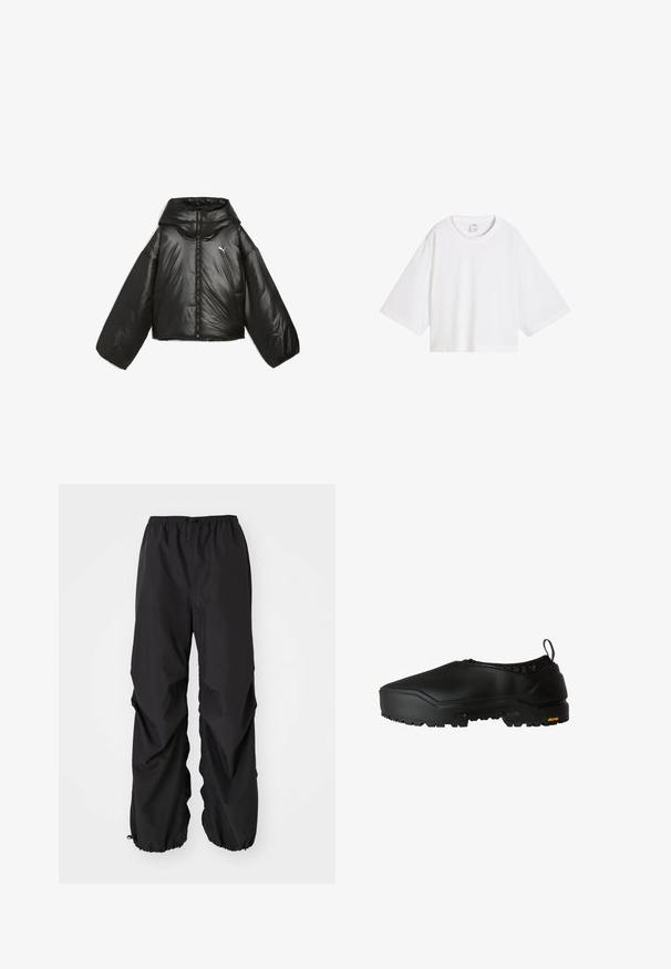 Zwarte pufferjack met een glanzende afwerking, oversized capuchon, lange mouwen, frontrits en een klein logo op de borst.; Witte oversized T-shirt met korte mouwen, een ronde hals en een klein Puma-logo op het binnenlabel bij de kraag.; Zwarte elastische taillebandbroek van waterafstotend materiaal. Heeft een losse pasvorm metGathered cuffs bij de enkels en geen zichtbare patronen.; The North Face BASE CAMP WP MULE - Instappers - tnf black tnf black