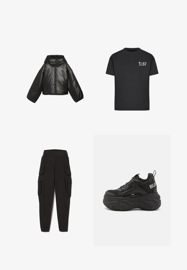 Chaqueta acolchada negra con un acabado brillante, capucha de gran tamaño, mangas largas, cremallera frontal y un pequeño logo en el pecho.; Camiseta de algodón negra con cuello redondo. Presenta texto en blanco, incluyendo caracteres japoneses y "Slurp Away", en el área del pecho izquierdo.; Pantalones cargueros negros con puños elásticos y múltiples bolsillos con solapa en los costados, diseñados para uso casual o utilitario.; Zapatillas deportivas gruesas de color negro con parte superior de malla y cuero, suela de goma gruesa y una marcada marca en el costado. Incluyen cordones y una lengüeta.