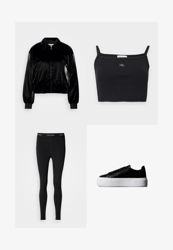 Veste bomber en velours noir avec un col, fermeture éclair frontale, poignets et ourlet côtelés. Texture brillante avec une coupe décontractée et des épaules tombantes.; Haut court côtelé noir avec fines bretelles et petit patch logo Calvin Klein centré sur la poitrine.; Leggings Calvin Klein noirs, longueur totale, avec taille élastique à logo, coupe ajustée et tissu lisse, présentés sur un fond uni.; Baskets basses noires avec une épaisse semelle plateforme blanche et des lacets noirs, vue latérale sur fond blanc.